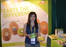 Debbie Rogers with Zespri proudly shows the company's new packaging for Green and Sungold kiwifruit. The new packaging will be launched in the US when the New Zealand kiwifruit season starts in May.